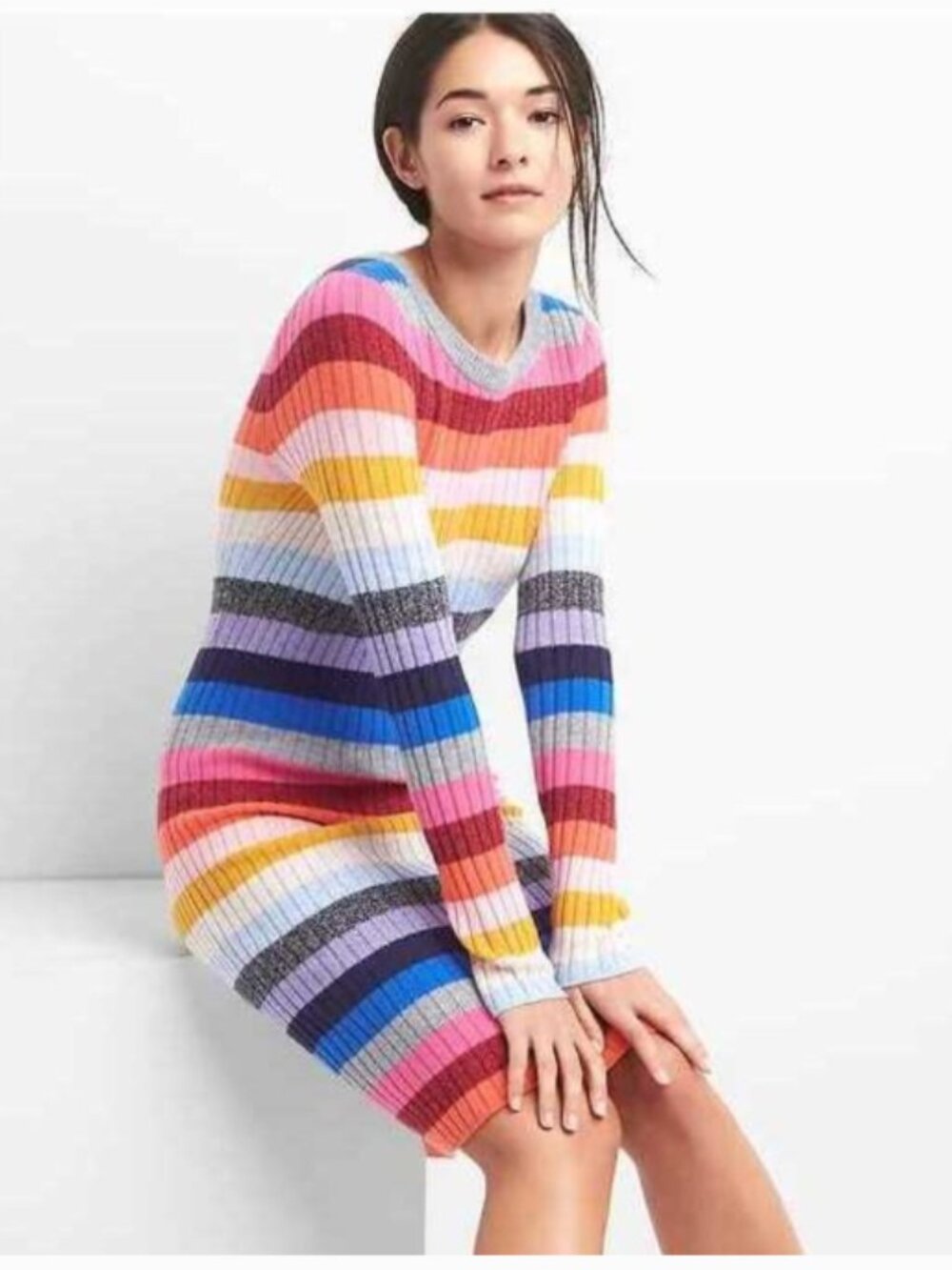 Gap-Crazy Stripe Wool Blend Dress-Multicolored-Body Con-Midi-Size Medium